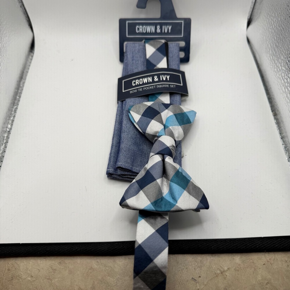 Crown & Ivy Mens Bow Tie Pocket Square Set Catalina Gingham Blue Teal IV20510001